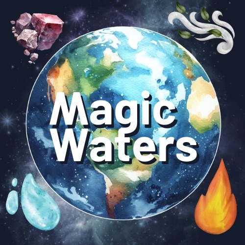 Magic Waters watercolor earth with the five elements: water, earth, fire, air, and crystal