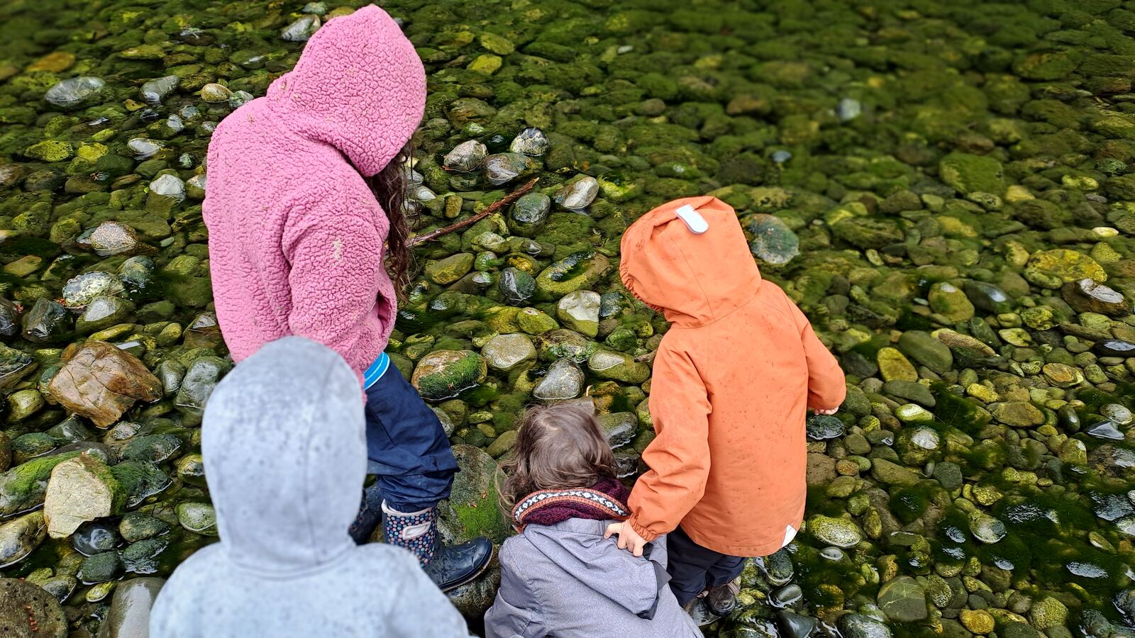 Children in colorful jackets playing at the edge of a creek