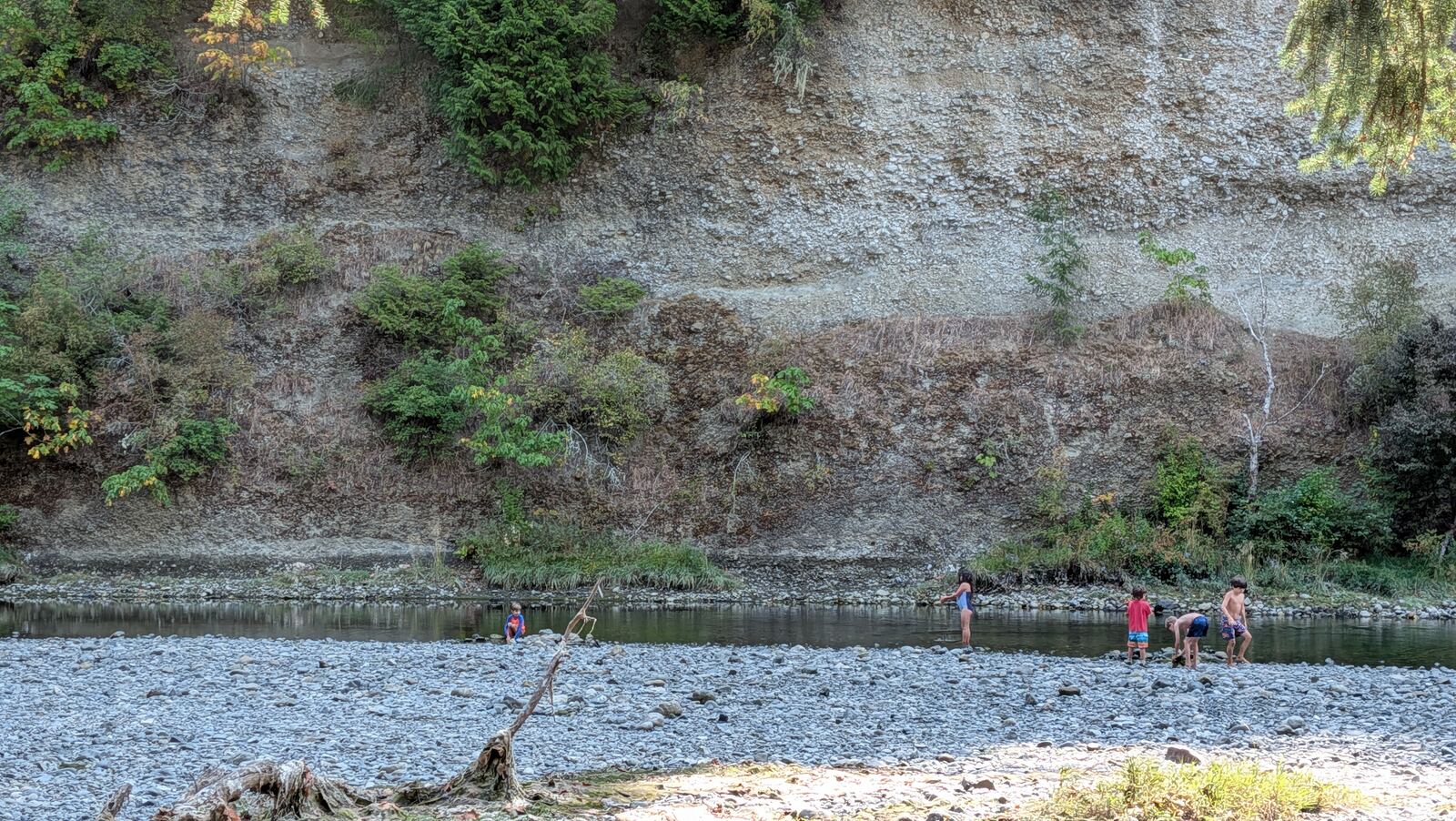 A wide river gravel bar in the forest near Sooke, BC