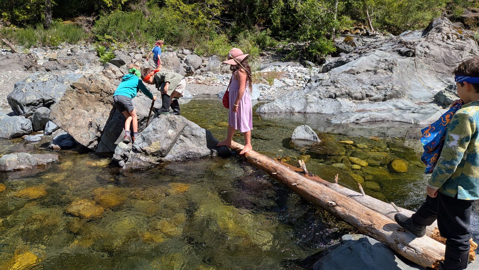 Children crossing a creek on a fallen log